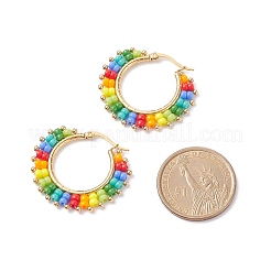 ガラス シード フープ イヤリング  女性のための金メッキ真鍮ジュエリー  カラフル  30x35x3mm  ピン：0.9mm&nbsp;EJEW-TA00124