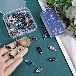 42色の合金ガラスコネクタチャーム7個  多面カット  馬の目のリンク  プラチナ  ミックスカラー  23x9x5mm  穴：1.5mm  6個/カラー&nbsp;FIND-SC0009-55