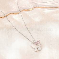 Alloy Pave Pink Cubic Zirconia Enamel White Cat Shape wtih Bowknot Pendant Necklaces for Women&nbsp;CU-E001-01P