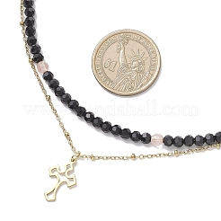 304 Stainless Steel Satellite Chain Cherry Quartz Glass & Glass Faceted Round Beaded Double Layer Pendant Necklaces&nbsp;NJEW-JN05510-01