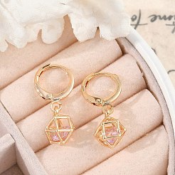真鍮マイクロパヴェキュービックジルコニアフレンチフックピアス  ラックめっき  長持ちメッキ  鉛フリー＆カドミウムフリー  六角  ゴールドカラー  24.5x9mm&nbsp;EJEW-K300-09G