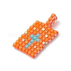 ガラスシードビーズペンダント2個  風の目/十字模様の長方形  サンゴ  20x10x1.5mm  穴：2mm  2個/セット&nbsp;PALLOY-MZ00246-05