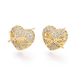 Heart Brass Micro Pave Clear Cubic Zirconia Stud Earrings&nbsp;EJEW-T047-48G