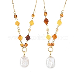 Rectangle Natural Baroque Keshi Pearl Pendant 304 Stainless Steel Natural Amber Rhombus Beaded Chain Necklaces&nbsp;NJEW-JN06664