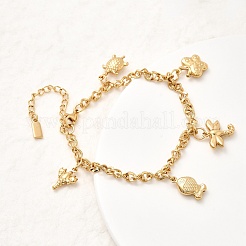 304ステンレススチールチャームブレスレット  魚と亀  ゴールドカラー  トンボ  7-5/8インチ（19.5cm）&nbsp;BJEW-P368-07B-G