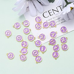 頭文字a〜zアルファベットエナメルチャーム  フラットラウンドディスク両面チャーム  金メッキエナメルスパンコール合金チャーム  紫色のメディア  14x12x2mm  穴：1.5mm  26個/セット&nbsp;ENAM-Q437-10