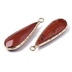 天然石レッドジャスパーペンダント  金メッキ真鍮エッジとループ付き  ティアドロップ  多面カット  36~37x12x6mm  穴：2.5mm&nbsp;G-S359-319E
