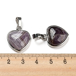 天然石アメジストペンダント  プラチナメッキ真鍮製スナップオンベイル付きハートチャーム  20.5x17.5x7mm  穴：4x8mm&nbsp;G-I358-A18