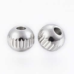 変色しにくい304ステンレススチールビーズ  縦縞のラウンド  ステンレス鋼色  5x4mm  穴：1.2mm&nbsp;STAS-G154-35-5mm