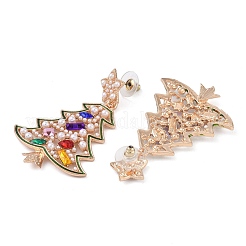 クリスマスツリー合金のカラフルなラインストーンとプラスチックパールのダングルスタッドピアス女性用  ライトゴールド  59x36mm&nbsp;LS-EJEW-L203-09KCG