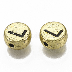 メッキアクリルビーズ  水平穴  アルファベット付きフラットラウンド  黄金メッキ  ブラック  文字L  7x4mm  穴：1.2mm  約3204個/445g&nbsp;LS-PACR-CD0001-L