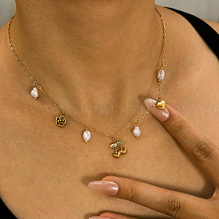 304 Stainless Steel & Imitation Pearl Cherry Heart Flower Pendant Bib Necklaces for Women&nbsp;FS-WG0B26B-01