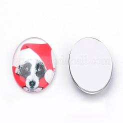 クリスマステーマ子犬写真フラットバックガラスカボション  DIYのプロジェクトのための  クリスマス帽子模様を持つ犬  オーバル  ミックスカラー  25x18x5.5mm&nbsp;GGLA-S034-25x18-030