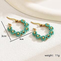 花のガーランド編みビーズ201ステンレススチールフープピアス  女性のための本物の 18 k ゴールド メッキ ジュエリー  ダークターコイズ  30x30mm&nbsp;IF8557-03