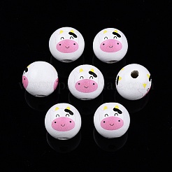 動物テーマのプリント木製ビーズ  ラウンド  牛の模様  15.5~16x15mm  穴：3.5mm&nbsp;WOOD-D006-01K
