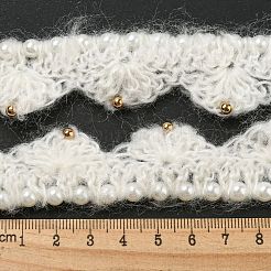 ポリエステルかぎ針編みレーストリム  編み込まれたウェーブの花の装飾、ABS模造真珠のトリミング  衣服用 ウェディングドレス  ホワイト  1-1/8インチ（28mm）&nbsp;OCOR-Q058-17