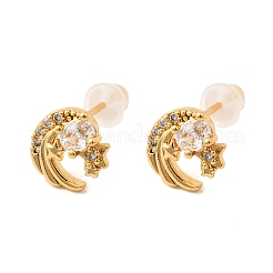 Brass Micro Pave Clear Cubic Zirconia Moon Stud Earrings&nbsp;EJEW-C158-10G