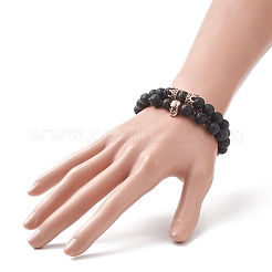 2Pcs 2 Style Natural Lava Rock & Brass Beaded Stretch Bracelets Set&nbsp;BJEW-JB09244-02
