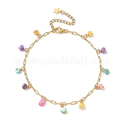 Dyed Natural Freshwater Shell Colorful Rondelle Tassel Brass Paperclip Chain Anklets for Women&nbsp;AJEW-AN00719