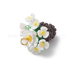樹脂ガラスシードビーズフラワーペンダント  金色の鉄のループとプラスチック  ホワイト  24.5x22.5mm  穴：3.5mm&nbsp;PALLOY-MZ01106-02