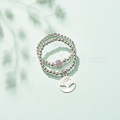 2Pcs 2 Style Natural Lavender Amethyst & Synthetic Hematite Beaded Rings with Brass Tree of Life Charms&nbsp;RJEW-JR00474-04