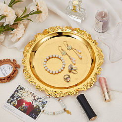 丸い鉄製のジュエリープレート  ジュエリートレイ  ジュエリーディッシュ  ジュエリーディスプレイ用  写真の小道具  ゴールドカラー  25x1.4cm&nbsp;DJEW-WH0007-93A