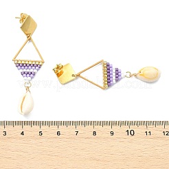 シードガラスを編み込んだ女性用ドロップピアス  菱形  天然カウリーシェル  304ステンレススチールスタッドピアス  18KGP本金メッキ  ライラック  63.5x18.5mm&nbsp;EJEW-MZ00793-02