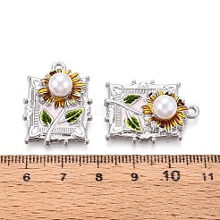 メッキ合金エナメルチャームラック  長方形と花  ABSの模造パールと  プラチナ  27x20x9mm  穴：1.8mm&nbsp;ENAM-N065-05P