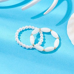 2Pcs 2 Style Shell Pearl Round & Oval Beaded Stretch Rings Set&nbsp;RJEW-TA00089