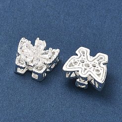 真鍮製マイクロパヴェキュービックジルコニアビーズ  蝶  925銀メッキ  透明  11x13x7mm  穴：1.4mm&nbsp;KK-C155-02S-01