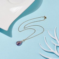 天然アメジスト ティアドロップ ペンダント ネックレス  女性用金メッキ 304 ステンレススチール ワイヤーラップ ジュエリー  17.72インチ（45cm）&nbsp;NJEW-JN03900-03