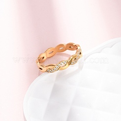 304ステンレススチール製クリアキュービックジルコニアウェーブリング（女性用）  イオンプレーティング（ip）  18KGP本金メッキ  4mm  内径：18mm&nbsp;RJEW-Z115-02G