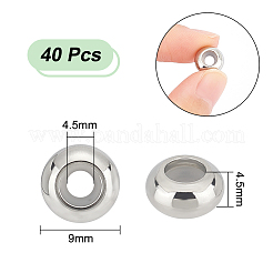 201ステンレススチールビーズ40個  プラスチック付き  スライダービーズ  ロンデル  ステンレス鋼色  9x4.5mm  穴：3mm&nbsp;STAS-UN0051-82