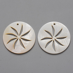 天然淡水シェルのペンダント  中空の風車が付いているフラットラウンド  30x2mm  穴：1.6mm&nbsp;X-SHEL-R021-05