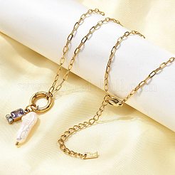 Natural Keshi Pearl Stick & Rectangle Purple Glass Pendant 304 Stainless Steel Paperclip hain Necklaces for Women&nbsp;NJEW-K255-54G