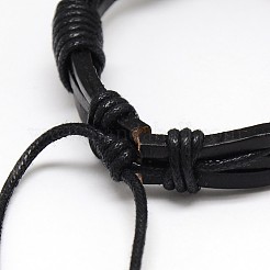 トレンディなユニセックスカジュアルスタイルワックスコードとレザーブレスレット  ブラック  56mm&nbsp;BJEW-L298-02