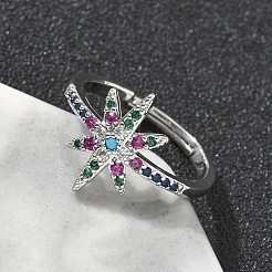 女性用真鍮マイクロパヴェキュービックジルコニア指輪  カドミウムフリー＆ニッケルフリー＆鉛フリー  六線星形  プラチナメッキ  15mm  usサイズ7 1/4(17.5mm)&nbsp;RJEW-D322-03P