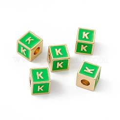 メッキ真鍮エナメルビーズラック  カドミウムフリー＆ニッケルフリー＆鉛フリー  18KGP本金メッキ  文字付きのキューブ  ライムグリーン  文字.k  6x6x6mm  穴：2.5mm&nbsp;KK-B060-04G-02K