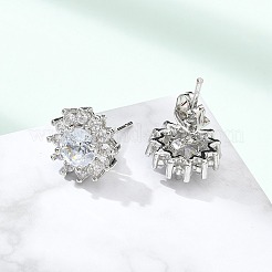 真鍮マイクロペーブクリアキュービックジルコニアスタッドピアス  パヴェクラスターイヤリング  花  プラチナ  11.5mm&nbsp;EJEW-R009-02P