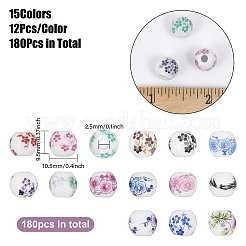 180 個 15 色の手作り磁器ビーズ  花模様の丸  ミックスカラー  10.5x9.5mm  穴：2.5mm  12個/カラー&nbsp;PORC-CA0001-15