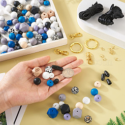 DIY ビーズ キーホルダー ブレスレット メイキング キット  合金分割キーリングとクラスプを含む  プラスチックの留め金  シリコン＆ウッドヨーロピアンビーズ  目と六角形と丸のある八角形  ミックスカラー&nbsp;DIY-TA0004-23