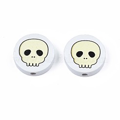 ハロウィンプリント天然木ビーズ  スカル柄付きのフラットラウンド  淡黄色  19~20x5.9mm  穴：2~2.2mm&nbsp;WOOD-T021-97