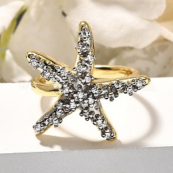 真鍮マイクロペーブクリアキュービックジルコニアカフリング  女性用ヒトデリング  カドミウムフリー＆ニッケルフリー＆鉛フリー  本物の金メッキと本物のプラチナメッキ  21x22mm  usサイズ6（16.5mm）&nbsp;RJEW-U035-07GP