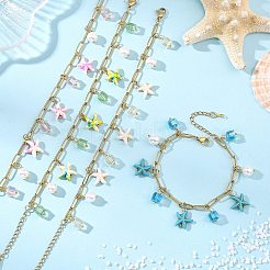 ガラスと合成ターコイズのチャームブレスレット  女性用304ステンレススチールペーパークリップチェーンブレスレット  ヒトデとキューブ  ミックスカラー  7.24インチ（18.4cm）&nbsp;BJEW-JB13894