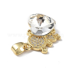 リアル 18k ゴールドメッキラックメッキ真鍮マイクロパヴェクリアキュービックジルコニアペンダント  ガラスと  長持ちメッキ  カドミウムフリー＆鉛フリー  ハートのチャーム付き女の子  透明  20.8x17x8mm  穴：6x3mm&nbsp;KK-C015-23G-13