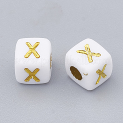 メッキアクリルビーズ  ライン入り  水平穴  アルファベットでキューブ  黄金メッキ  4.5x4.5x4.5mm  穴：2~2.3mm  約500個/50g&nbsp;X-SACR-N002-06A
