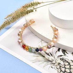 Natural Pearl Bead & Mixed Gemstone Beads Cuff Bangles for Women Girl Gift&nbsp;BJEW-JB06826-02