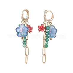 ランプワーク フラワー & ガラス & チェーン タッセル ロング ダングル フープ イヤリング  女性のための金メッキ真鍮ドロップイヤリング  カラフル  42mm  ピン：0.9mm&nbsp;EJEW-TA00138