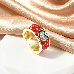 Brass Micro Pave Cubic Zirconia Enamel Cuff Rings for Women&nbsp;RJEW-L113-019G-02