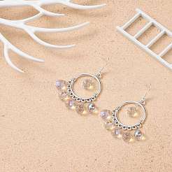 ガラス ティアドロップ シャンデリア イヤリング  女性のためのプラチナメッキ真鍮ジュエリー  スミレ  63mm  ピン：0.6mm&nbsp;EJEW-TA00116